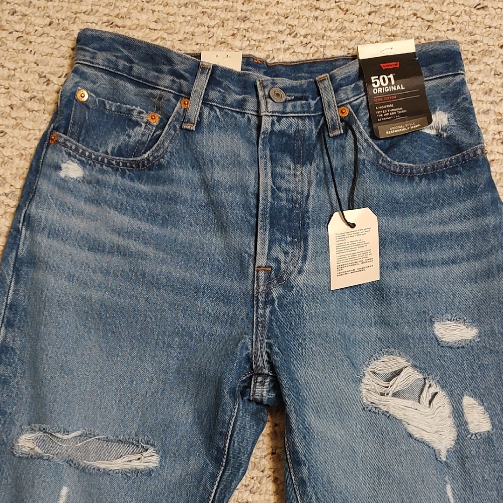 Levi's 501 Original Straight Leg Distressed Blue Jeans